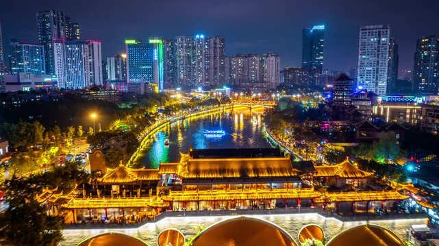 Aerial shots of Anshun bridge at night in chengdu, China.