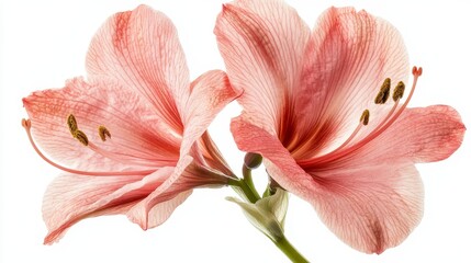 Elegant pink hibiscus flowers with delicate petals and lush green stems on white background
