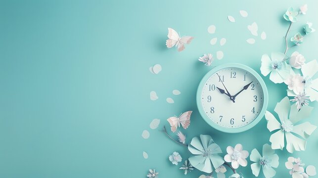 Pastel blue clock with white paper flowers on a blue background.