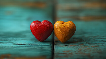 Fototapeta premium Red and yellow hearts on turquoise wooden background reflecting love and unity