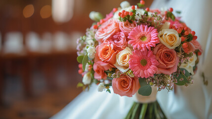 Obraz premium Vibrant bridal bouquet with gerbera daisies and roses in wedding setting
