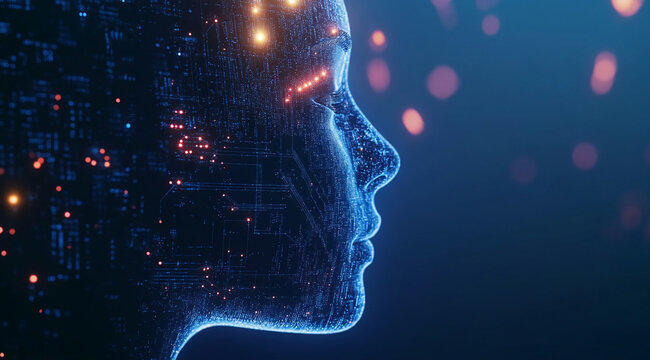 A digital rendering of a human face, composed of glowing blue circuits, against a dark blue background with scattered orange bokeh
