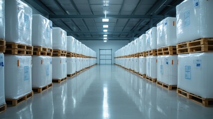 Obraz premium spacious warehouse with neatly stacked pallets of goods, reflecting efficient inventory management. clean, organized environment suggests focus on logistics and supply chain operations
