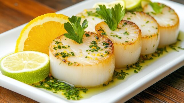 A beautifully plated dish featuring seared scallops garnished with herbs, lime, and lemon slices.