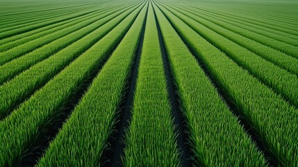 Aerial view of lush green rice fields with symmetrical rows, showcasing sustainable agriculture practices. vibrant landscape highlights importance of eco friendly farming techniques