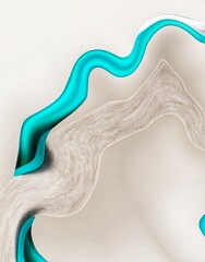 Abstract Fluid Art with Teal and Beige Curves on Textured Neutral Background