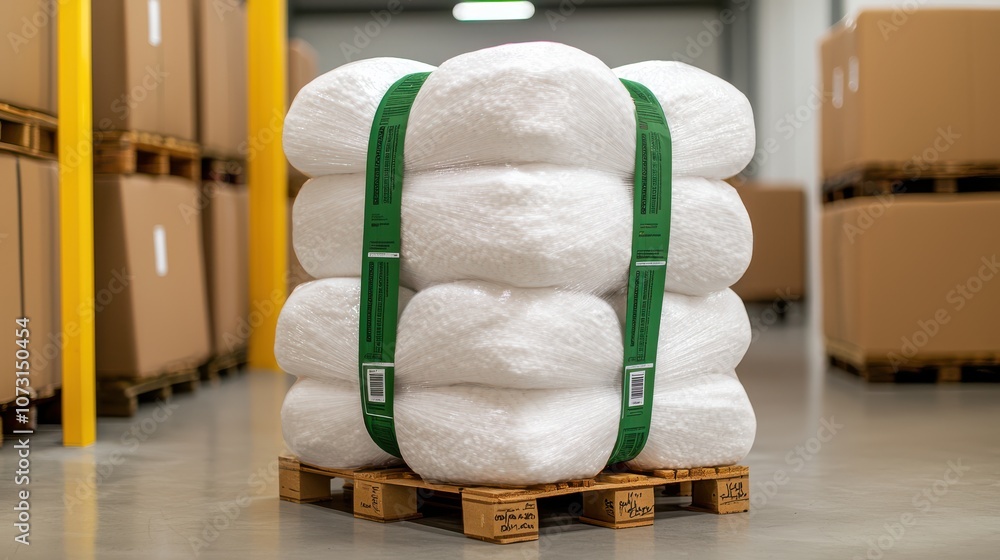 Poster stack of white foam packaging material is neatly organized on wooden pallet in warehouse, ready for 