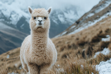 A fluffy alpaca stands in a snowy mountain landscape, showcasing its thick fur and curious expression against the serene backdrop of distant peaks.