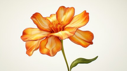 Fototapeta premium Vibrant orange flower with delicate petals and green stem on light background