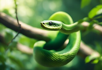 Fototapeta premium Green Wooden Snake Symbol of Chinese New Year in Lush Garden Setting