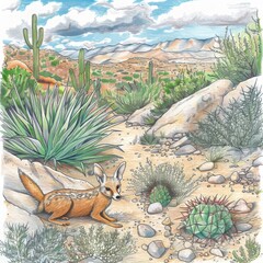 Desert landscape with a solitary cactus under the summer sky. desert wildlife, coloring page, colored pencil