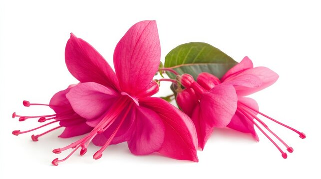 Vibrant pink fuchsia flowers with green leaf on white background