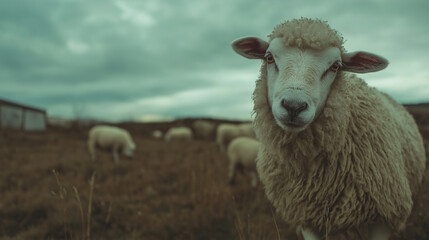 Fototapeta premium Fluffy White Sheep with Large Eyes Grazing in a Field