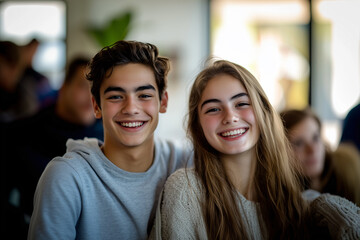 Fototapeta premium Young caucasian students couple at indoors
