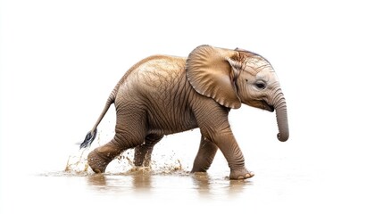 Fototapeta premium Baby Elephant Walks Through Water