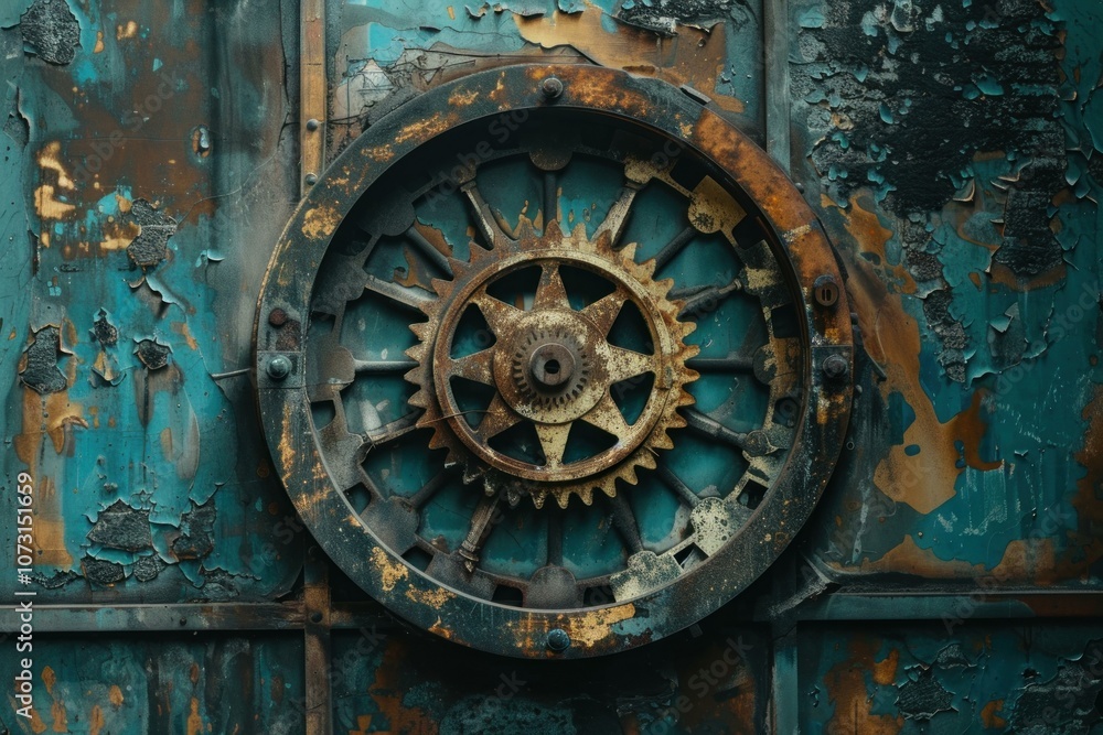 Poster rusty gear mechanism showing the concept of passing time with copy space