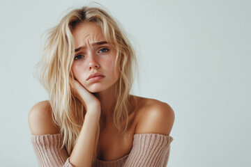 Naklejka premium Young pretty blonde woman over isolated white background with sad expression