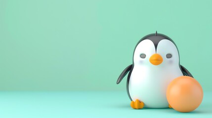 Obraz premium A cute cartoon penguin sitting with an orange egg on a blue background.