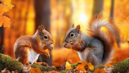 Obraz premium Fall Foliage & Furry Friends: Squirrels Enjoying the Autumn Forest