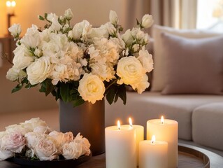 White Roses, Candles, and a Wooden Tray in a Cozy Interior Setting