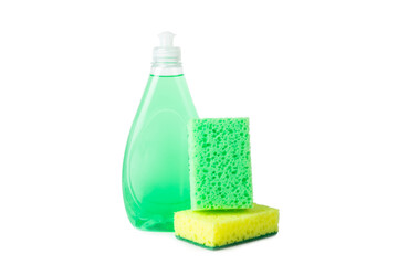 Colorful dish sponges isolated on white background. Kitchen sponge. Cleaning concept, cleaning service. Dishwashing liquid with clean and dirty dishes plate. Place for text, copy space.Wash the dishes