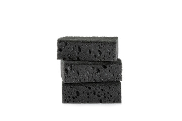 Colorful dish sponges isolated on white background. Kitchen sponge. Cleaning concept, cleaning service. Dishwashing liquid with clean and dirty dishes plate. Place for text, copy space.Wash the dishes