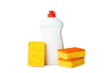 Colorful dish sponges isolated on white background. Kitchen sponge. Cleaning concept, cleaning service. Dishwashing liquid with clean and dirty dishes plate. Place for text, copy space.Wash the dishes