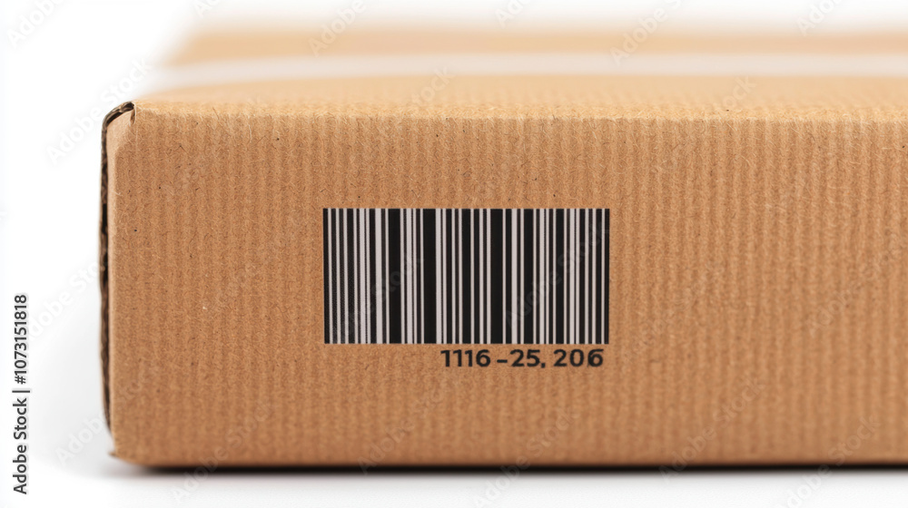 Poster a close-up view of a barcode on a cardboard package, emphasizing its structured lines and the packag