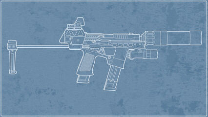 blueprint of a Upgraded usa P320 pistol with carbine kit with silencer, collimator sight and folding stock and flashlight on blue background