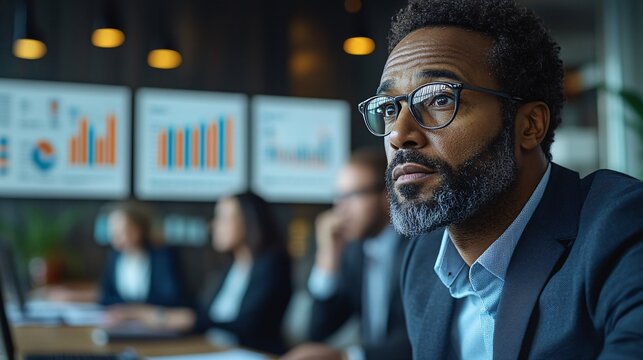 Financial review with team members analyzing budgets and forecasts in a contemporary office