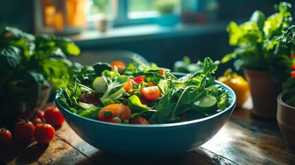 A colorful salad in a blue bowl surrounded by fresh vegetable on a wooden table.