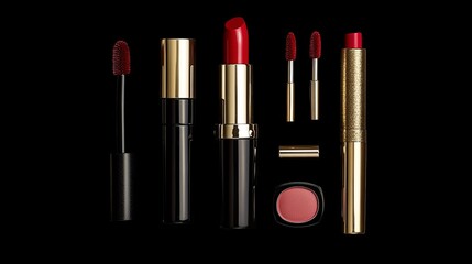 Obraz premium A collection of red lip products including lipsticks and glosses on a black background.
