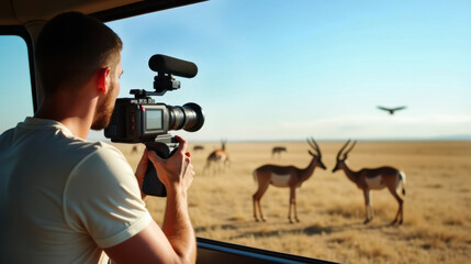 Wildlife filmmaker captures antelopes and birds in african savanna