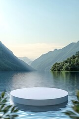 A white circular podium floats on the lake, with a blue sky and green mountains in the background. The water surface reflects the sunlight. .generative ai