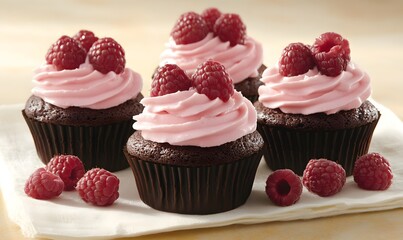 Delicious Chocolate Cupcakes with Pink Raspberry, Generative AI 