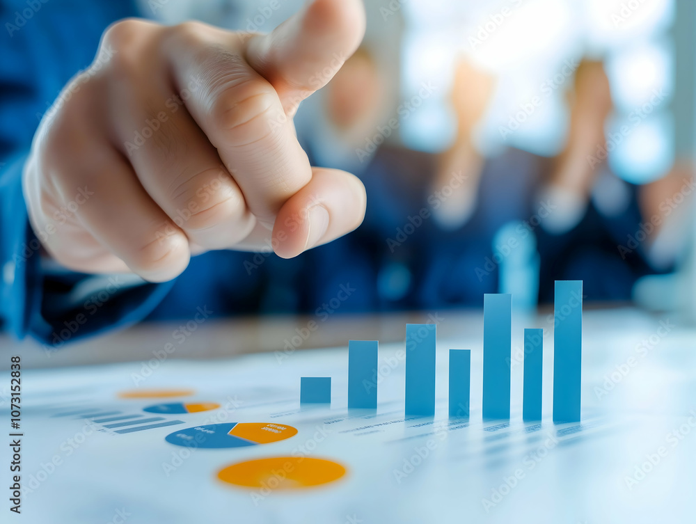 Aufkleber a business professional points at a rising bar chart, emphasizing growth and success in a collaborat