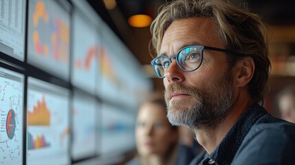 Strategic business meeting with team using digital screens and interactive tools