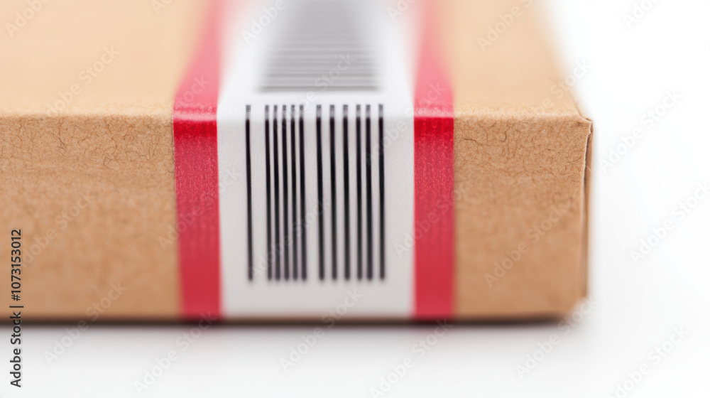 Poster a close-up view of a shipping package featuring a barcode and red tape, representing packaging and l