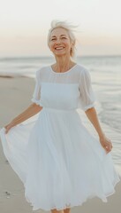 Joyful elegant senior woman embracing freedom and happiness, enjoying life on the beach at sunset.