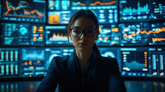 Financial analysis session with team using charts and graphs in a high-tech environment