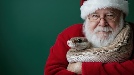Naklejka premium Jolly Santa, in his classic red suit, calmly holds a large python with a playful smile against a green studio backdrop, blending unexpected elements.