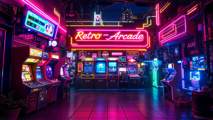 Retro Arcade with Neon Lights and Vintage Game Machines