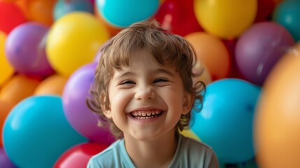 Obraz premium A little boy with curly hair laughs in front of a wall of colorful balloons.