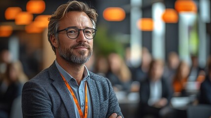 Leadership session in a modern office with interactive elements and professional discussions