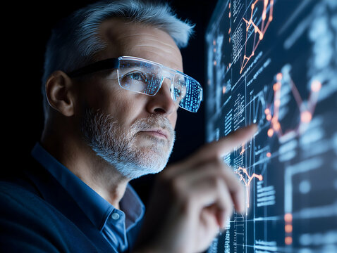 A focused professional examines data on a high-tech screen, wearing glasses that enhance visibility and engagement with complex information.