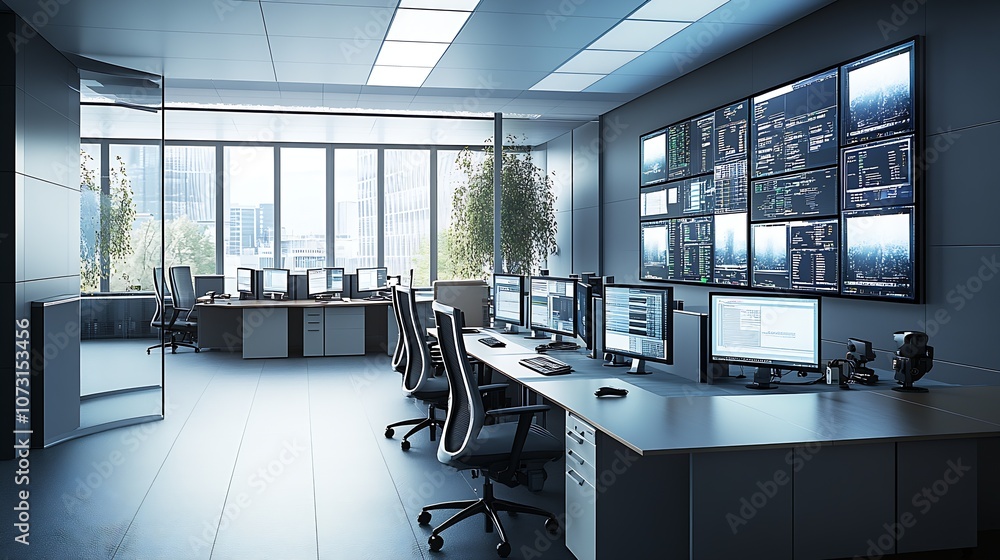 Poster modern corporate office interior with high-tech computer setup and city view : generative ai