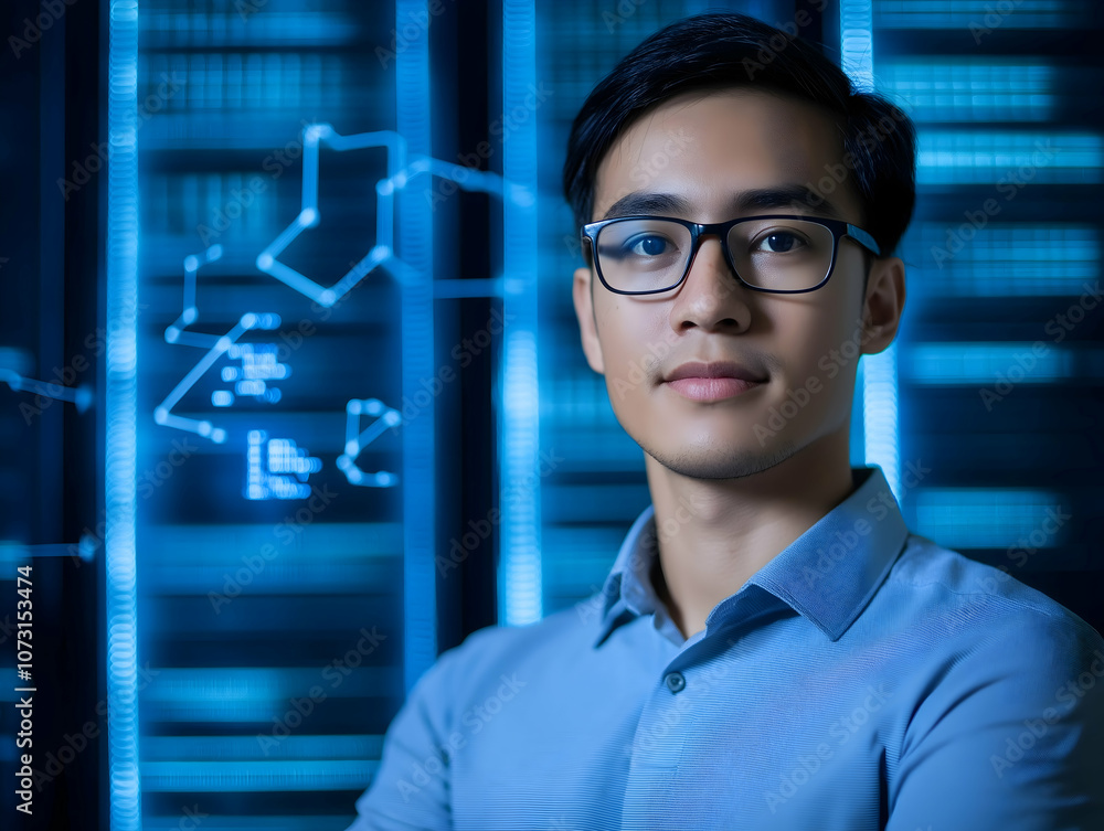 Aufkleber a confident professional in smart attire stands in front of a digital backdrop, showcasing technolog