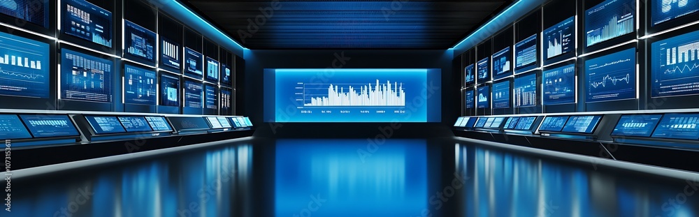 Poster Futuristic digital data room with illuminated blue screens and graphs : Generative AI