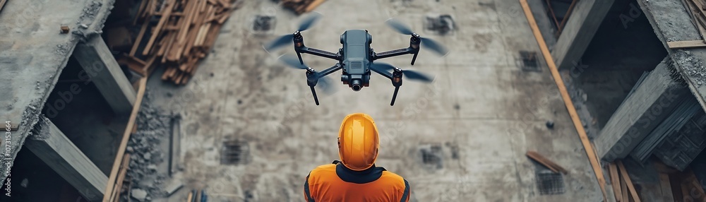 Poster drone overhead view capturing construction progress for structural alignment and control