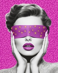 Woman with pink colored blindfold decorated with yellow stars. Lips and nails matching the vibrant hue.  Bold retro aesthetic and glamour.